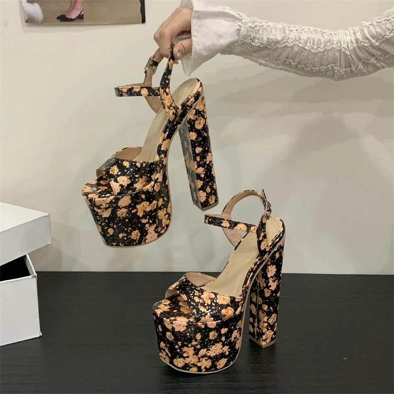 

Eilyken 2026 Design Pattern Totem Peep Toe Buckle Strap Women Sandals Fashion Platform Party Square High Heels Shoes