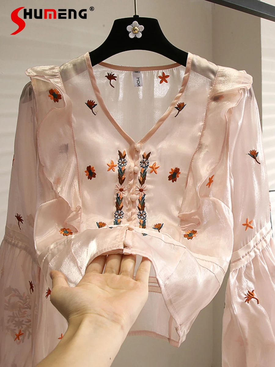 

Korean Style V-neck Flower Embroidery Lantern Sleeve Shirt Women's 2022 Autumn New Fashion Sweet Ruffled Short Chiffon Blouses