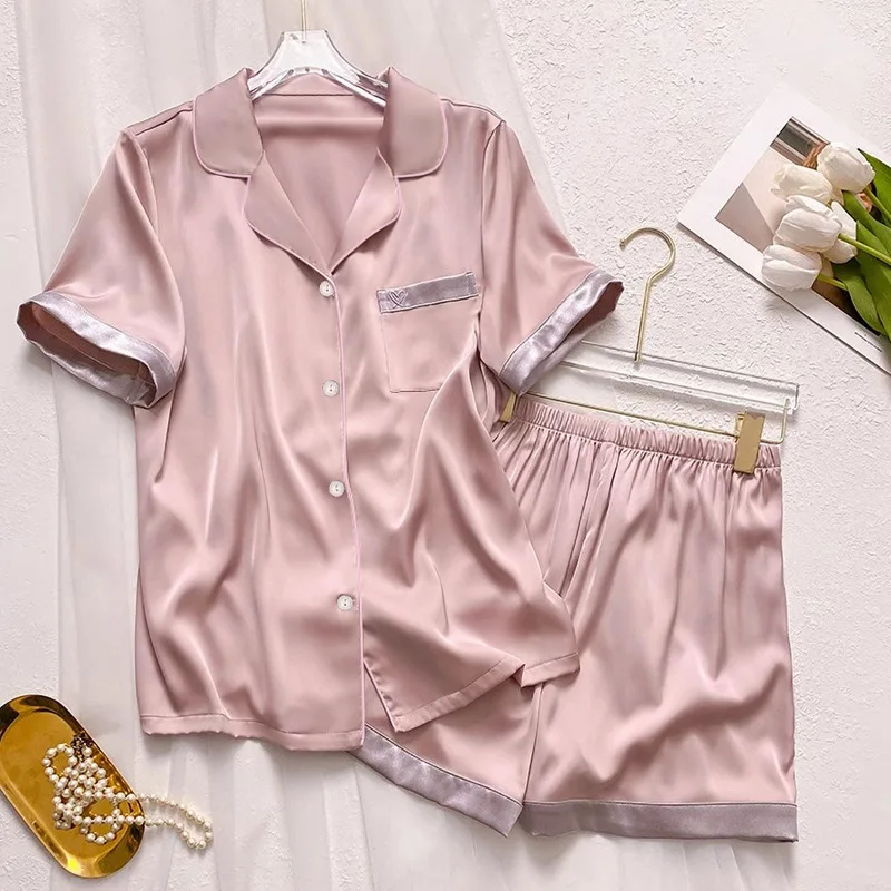 

Women's Summer Ice-Silk Pajamas: Short-Sleeve Top and Shorts Set—cute, Stylish, Comfortable, And Breathable Summer Loungewear