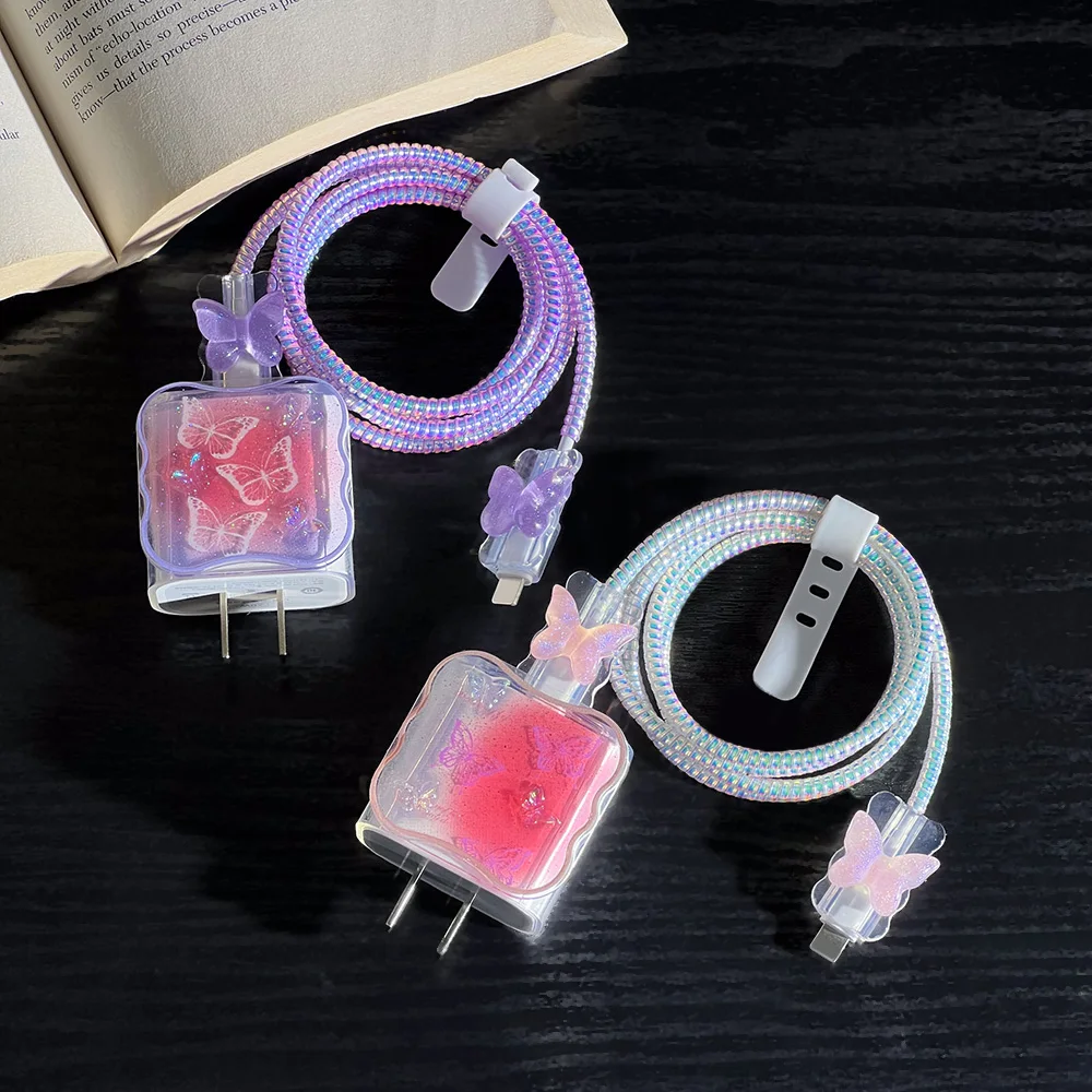 Colorful butterflies Charger Case For iPhone 18W 20W US Fast Charging Head Cover Protective Cable Organizer Power Adapter