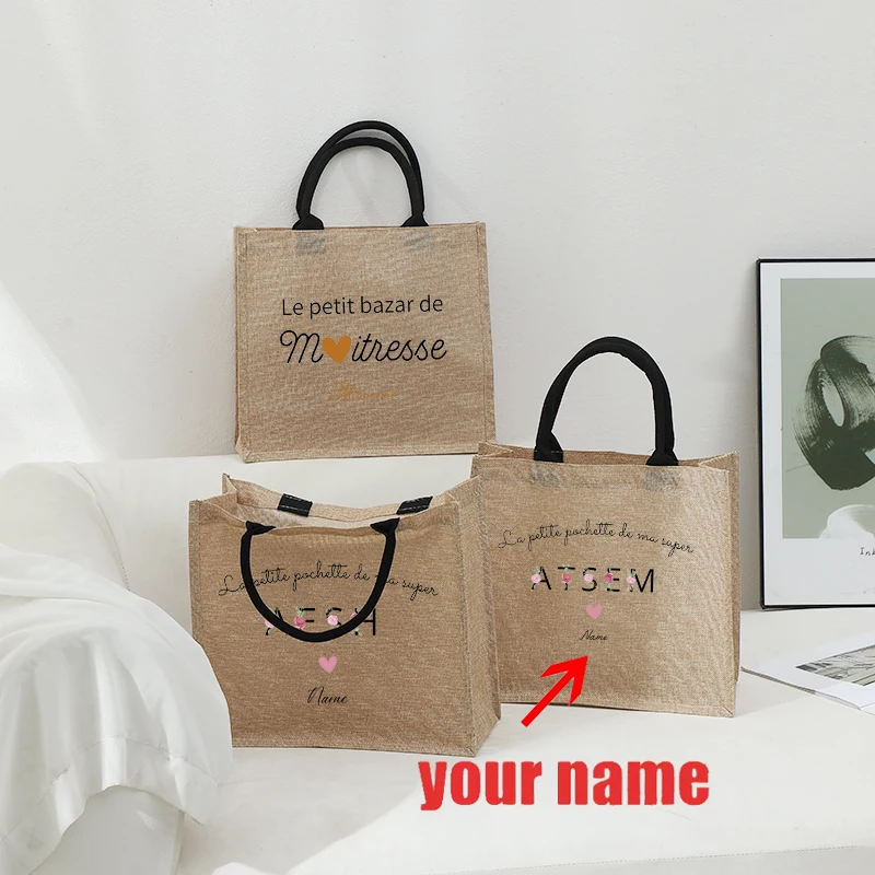 

Personalized Name Leopard Nurse Floral Atsem Psychologist Patterns Jute Tote with Hand Shopping Bag Women Nurse Caregiver Gifts