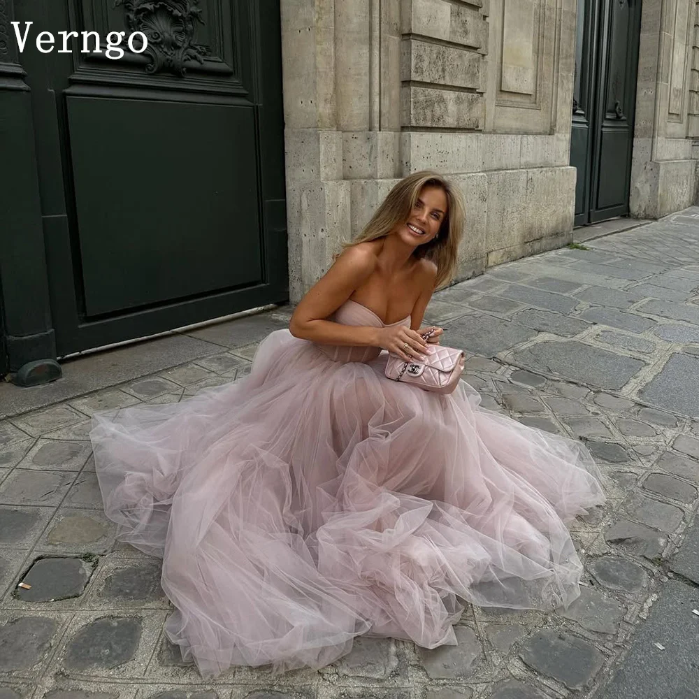 

Verngo Pink Tulle Evening Dress Strapless A Line Formal Occasion Dress Elegant Simple Prom Party Gowns Customized