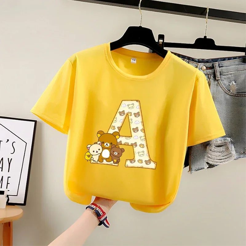 

Cute Bear Rilakkumas Kids T-shirt Letters A-Z Anime Print Girl Kawaii Street Wear Casual Wear Kids Gift New Short Sleeves