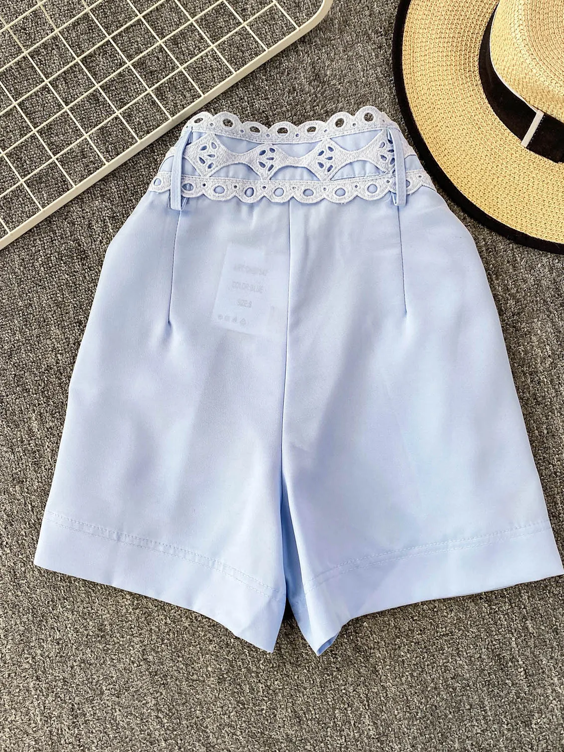 Pantalon bleu taille haute à jambes larges pour femmes, Design Faion d'été, épissure en dentelle, orthès amincissant, pantalons décontractés coréens