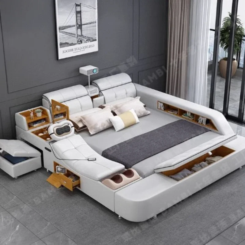 

Drawers Storage Queen Double Bed King Size Wooden Massage Multifunction Bed Luxury Modern Cama Matrimonial Bedroom Furniture