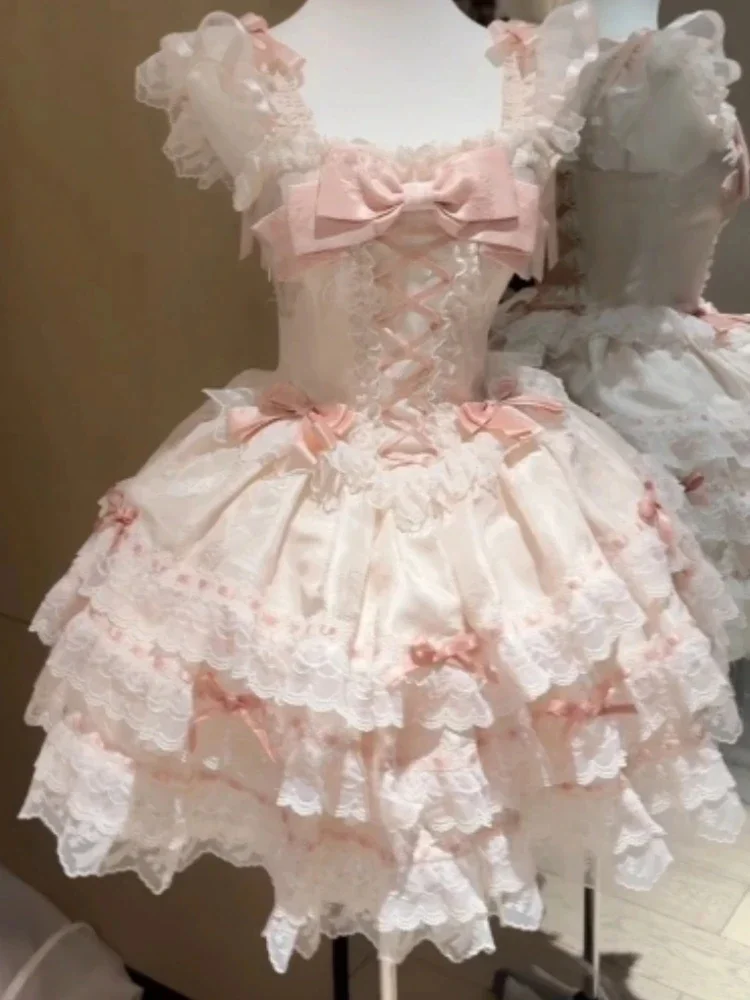 Verano dulce Lolita Y2k Mini vestidos mujeres encaje Patchwork manga corta elegante vendaje francés Vintage Vestido corto de fiesta Mujer