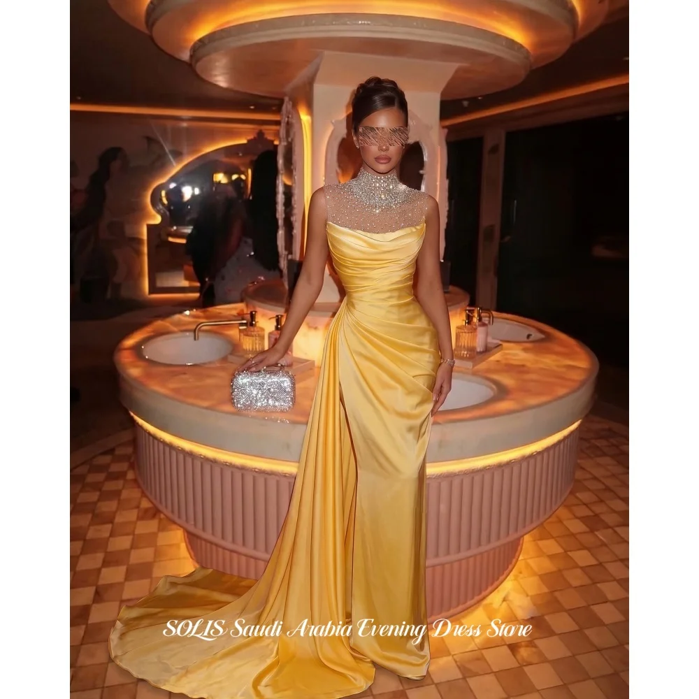 SOLIS Yellow High Neck Prom Dress Crystal Beaded Sheer Yoke Evening Dress Draped Satin High Slit Party Gown Colors Customized