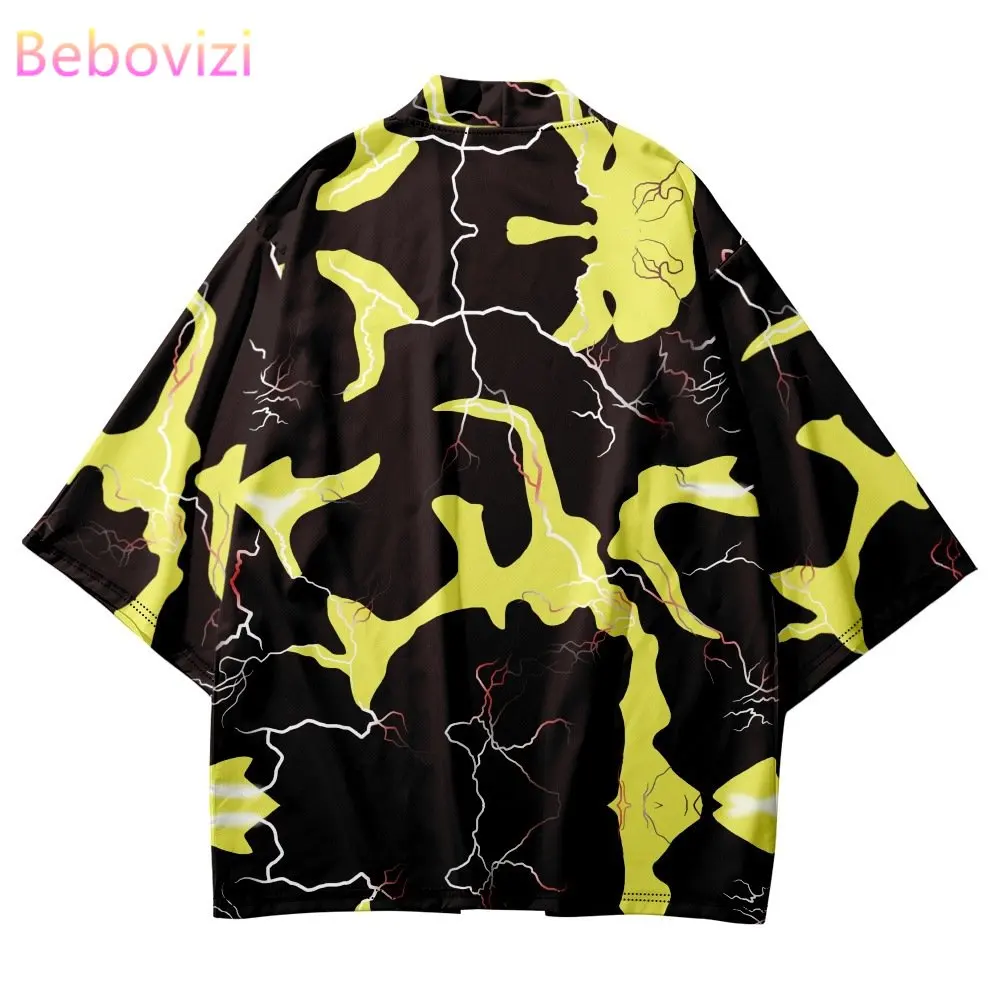 Yellow Geometry Print Loose Kimono Cosplay Haori Obi Women Men Cardigan Shirt Summer Beach Oversized Yukata Asian Clothing 6XL