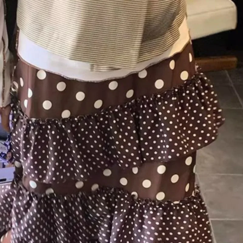 Irregular Ruffles Women Skirts Polka Dot Japanese Style Vintage Long Skirt Spring Autumn Elegant Jupe Femme