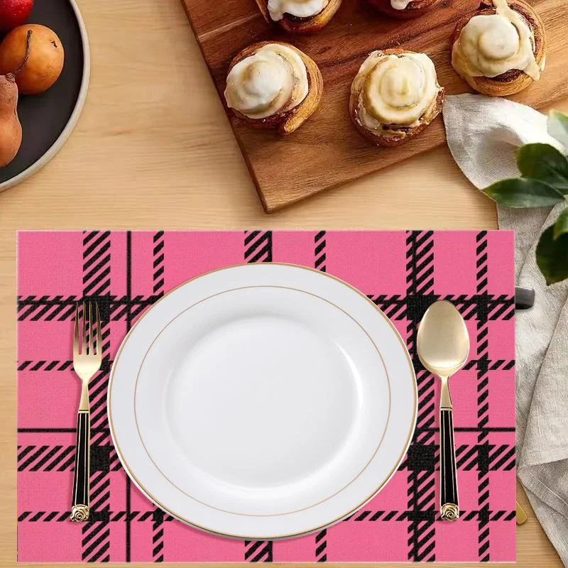 VIKAMA Beige Plaid & Tartan Linen Placemats Set of 6, Non-Slip Washable Heat Resistant Kitchen Table Mats