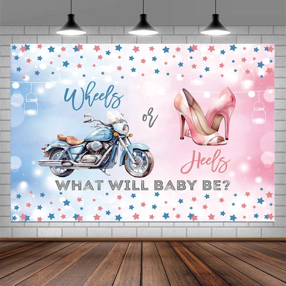 Photography Backdrop Boy or Girl What Will Baby Be Decor Banner Motorcycle and High Heels Gender Reveal Baby Shower Background