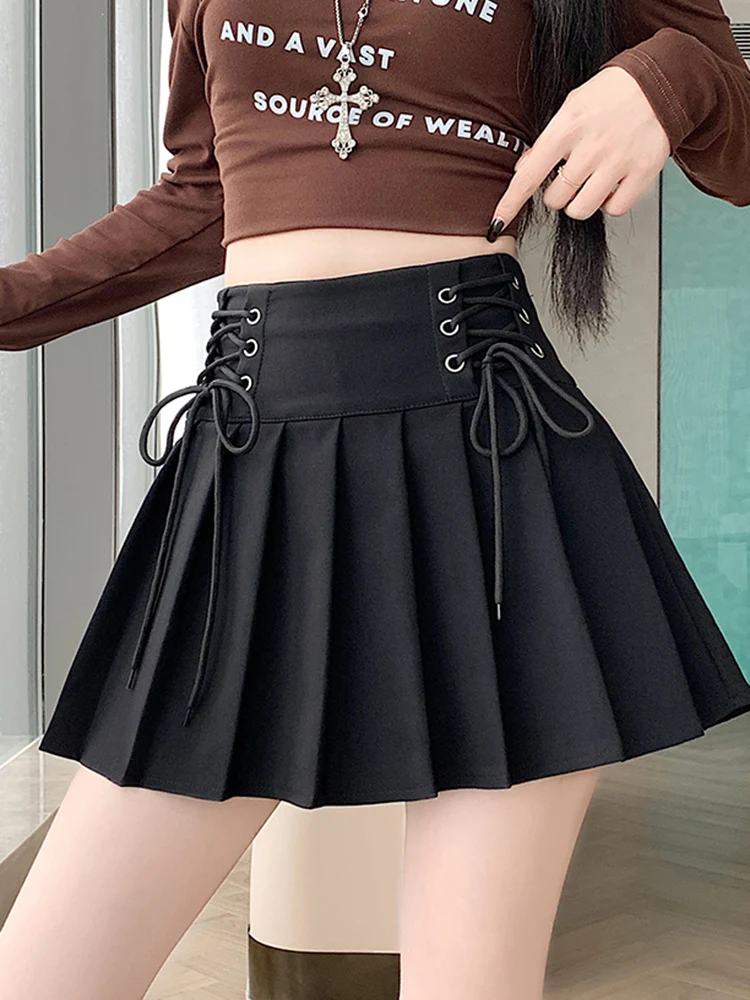 Frauen Y2K Dicken Rock Schwarz Hohe Taille Gefaltete Kurze Abnehmen Halbkörper Winter