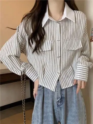 

Ретро-рубашка в полоску с длинным рукавом для женщин, свободного кроя, новинка ранней осени, универсальный повседневный топ