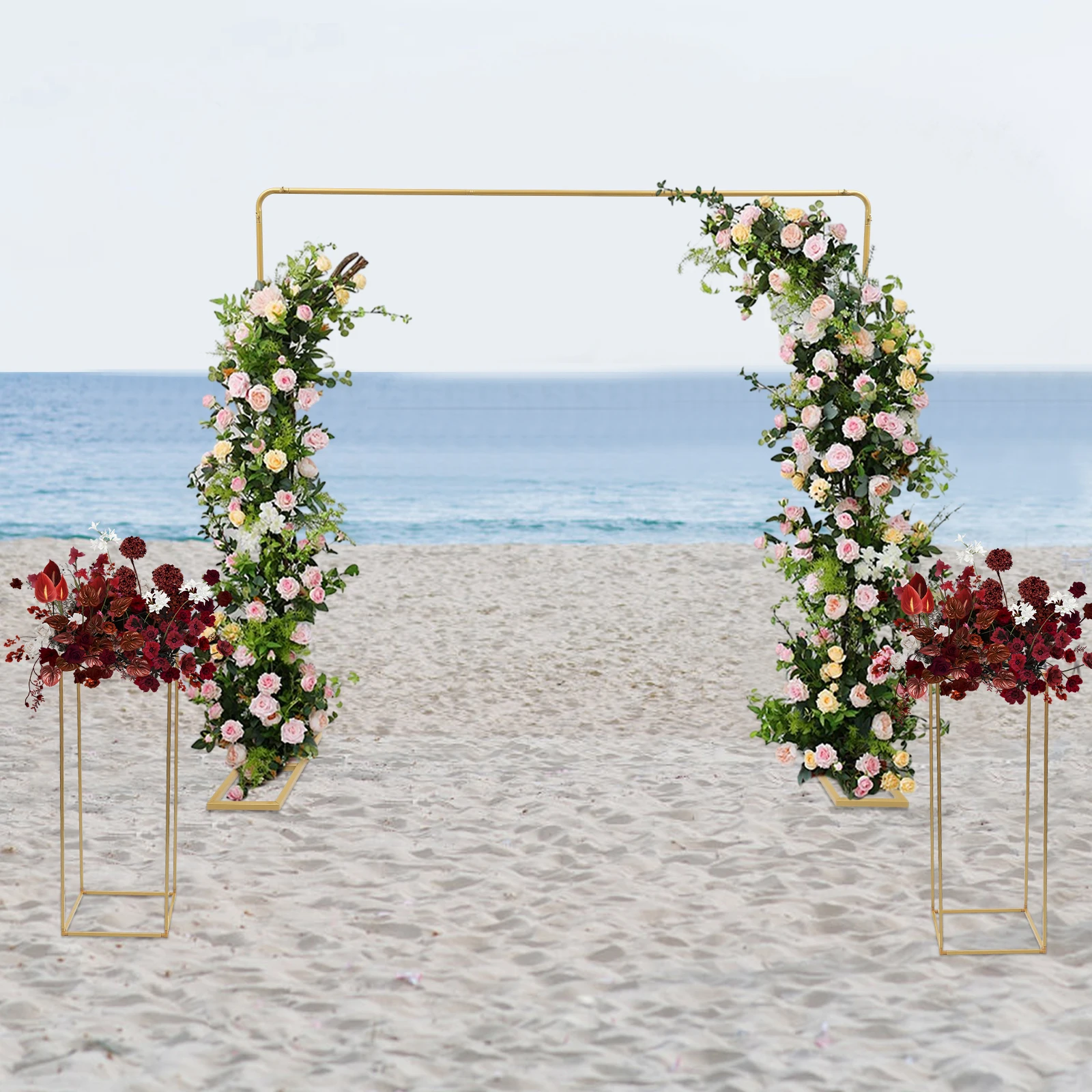 

Gold Metal Wedding Stand Set: 2×2m Balloon Stand + 2 Flower Stands (10.63×10.63×31.5in), 17.6/11lbs Load—Tool-Free Assembly