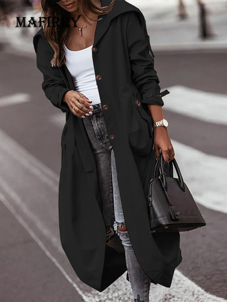 

Femme Long Sleeve Solid Wide Waisted Trench Casual Women Streetwear Pockets Outerwear Single Breasted Turn Down Collar Jackets