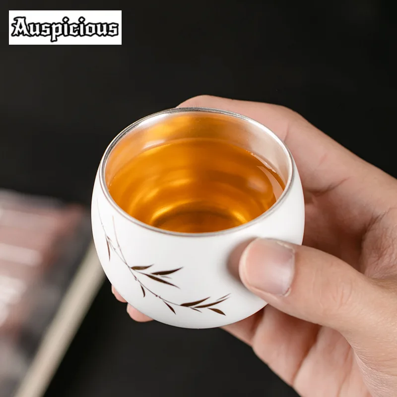 80ml 999 Gilded White Porcelain Gold Ceramic Teacup Pure Handmade Golden Bamboo Master Cup Puer Tea Bowl Jianzhan Kung Fu Teaset