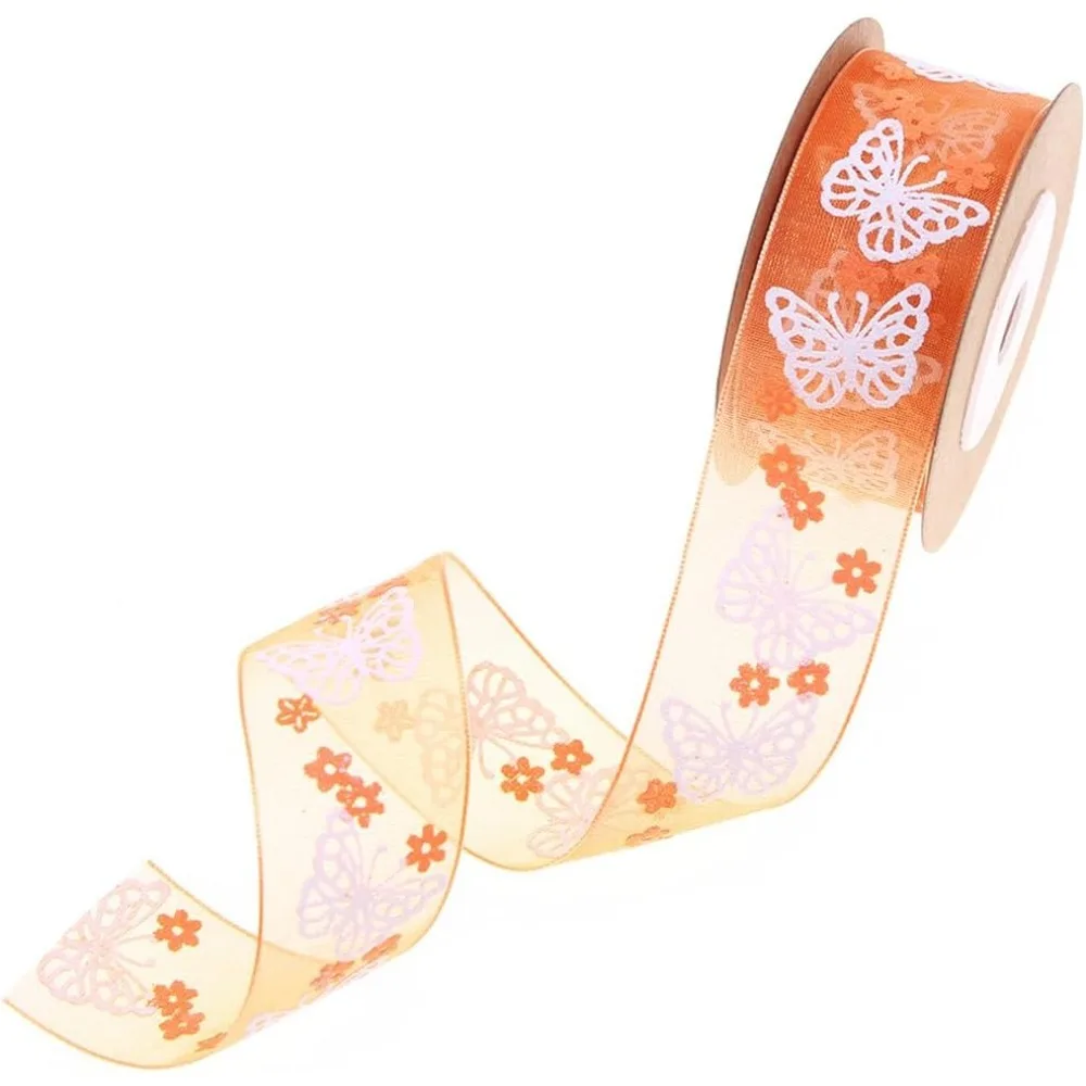 

27 Yards Butterfly Organza Ribbon Orange Sheer Ribbon Wired Butterflies Flower Print Transparent Chiffon Silk Ribbons with Spool