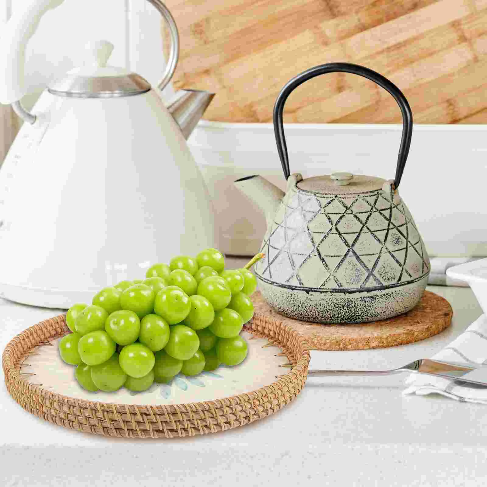 Woven Fruits Basket Wicker Bread Baskets Tray Round Storage Serving Decorative Dish for Home