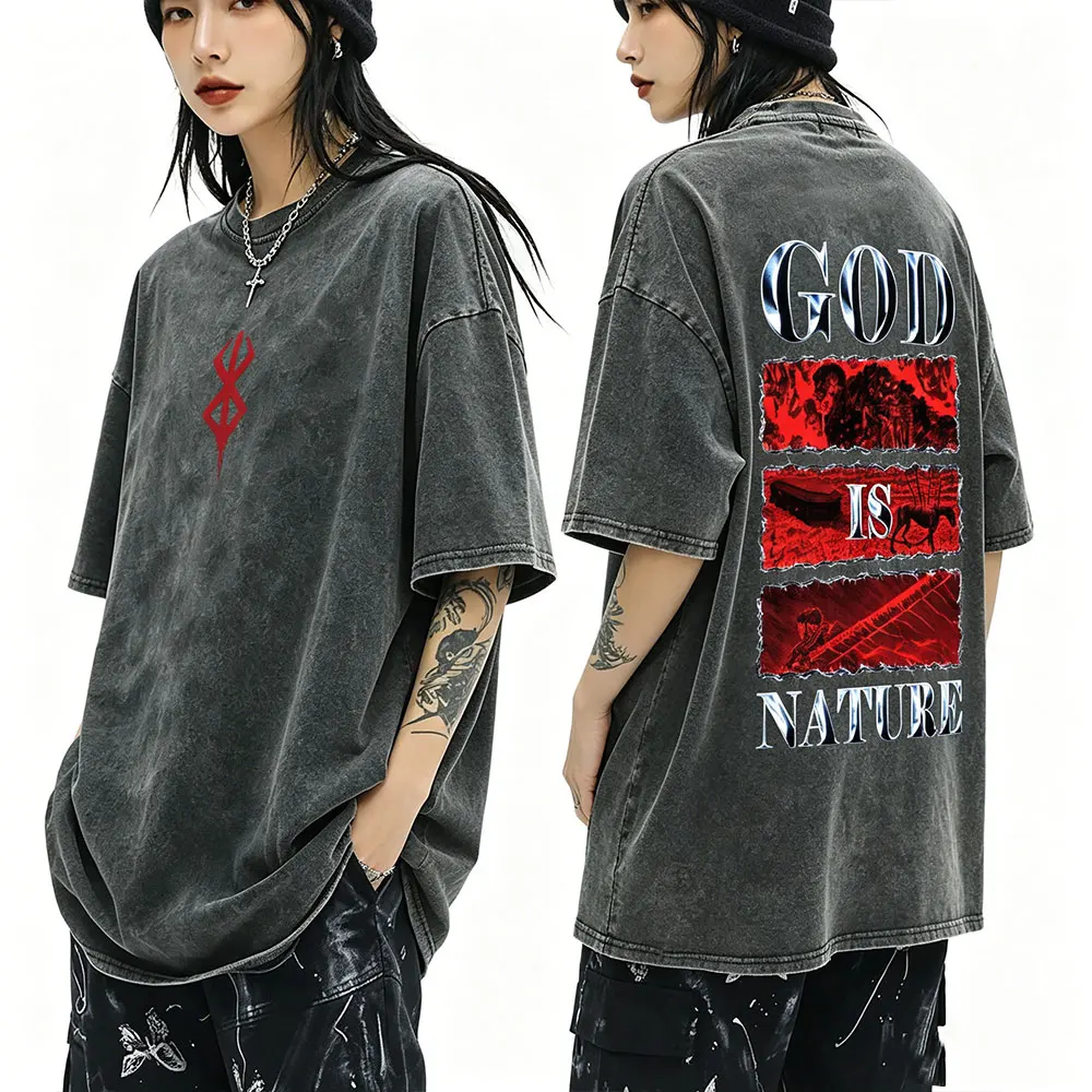 

Washed Vintage Anime Berserk Guts God Is Nature T-shirt Retro Skull Knight Gatsu Griffith Zodd T Shirts Men Oversized T-shirts