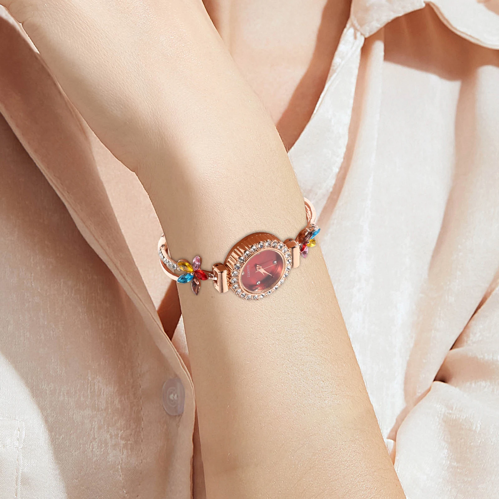 

Элегантные часы с цветочным принтом, женские легкие кварцевые часы для деловых мероприятий, прочный роскошный браслет красного цвета