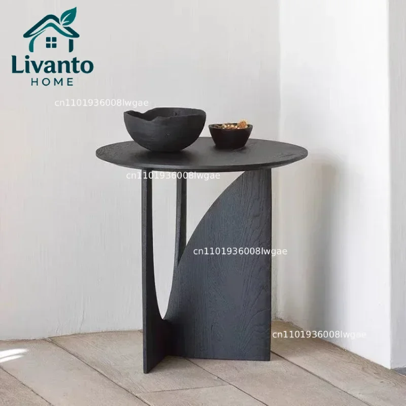 

Nordic Round Coffee Table Solid Wood Sofa Side Table Black Walnut Bedside Desk Minimalist Small-Space Living Room Furniture