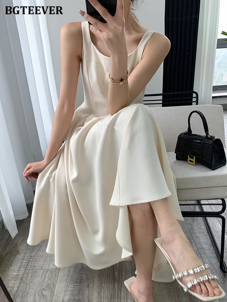 BGTEEVER Summer Sleeveless Women A-line Dress Elegant Spaghetti Strap Slim Waist Female Pleated Dress Ladies Midi Vestidos