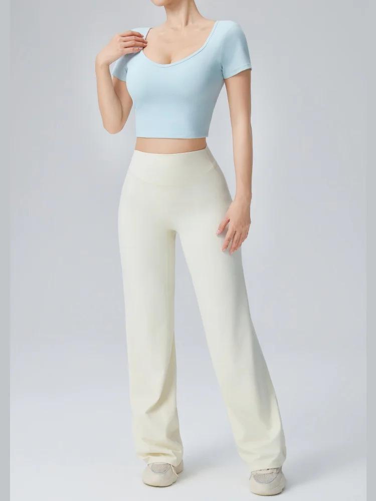 2-teiliges Set Damen Gym Sport Yoga Anzug, einfarbig, rückenfreie Yoga-Unterwäsche mit Brustpolster, hochtaillierte Push-Up-Hose mit weitem Bein – Detail 8