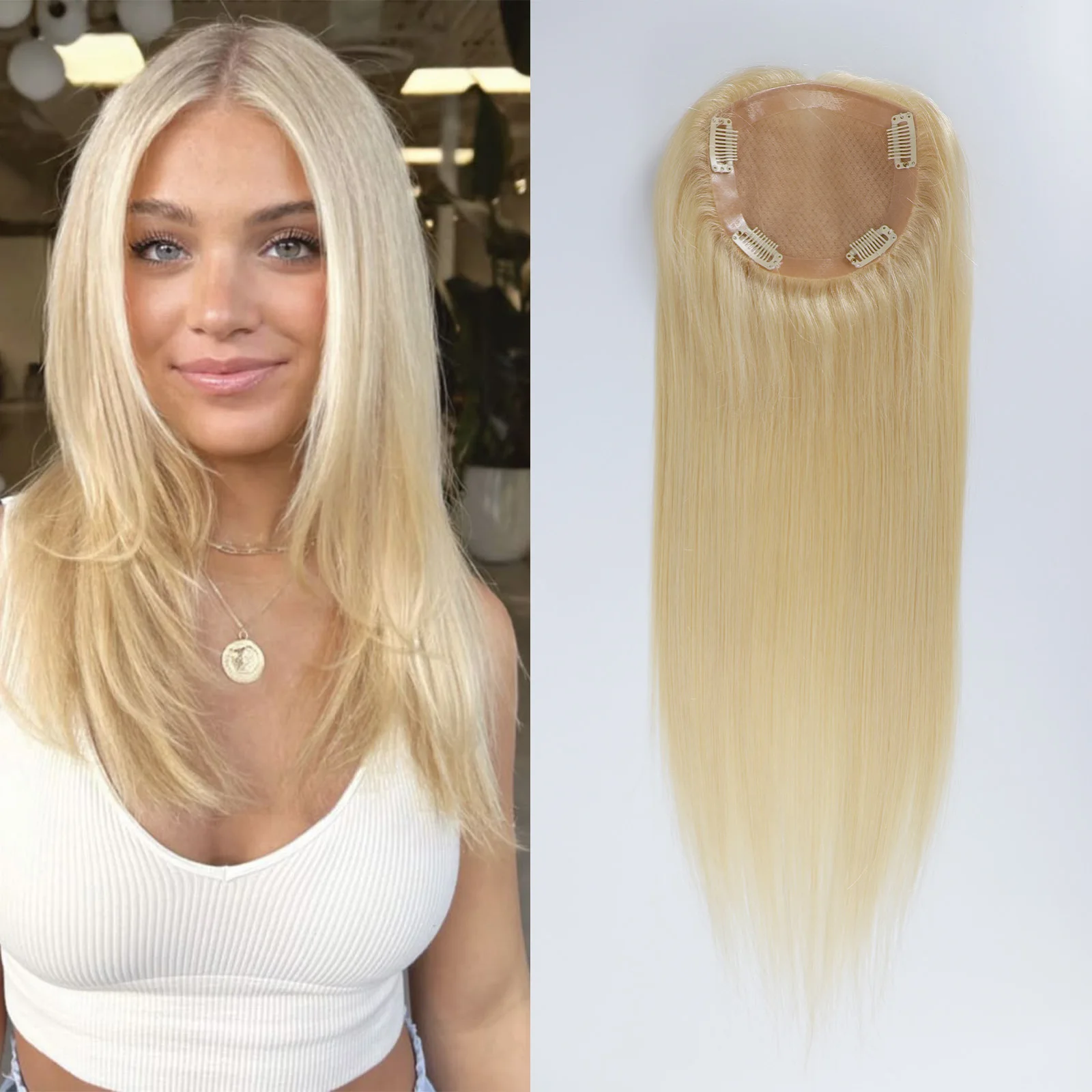 

# 613 Топпер с шелковой основой, полностью ручная завязка, настоящие человеческие волосы Remy, светлый блондин, шелковый топ с ПУ вокруг с детскими волосами с зажимами в