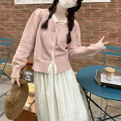 Gentle Hollow Out Sweaters Female Clothing Fashion Drawstring Bow Autumn Winter Basic Solid Color Spliced Sweet Knitted Cardigan