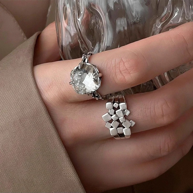 

Silver Cold Wind Big Zircon Ring For Women Irregular Square Stackable Index Finger Rings Luxury NicheCoolFashionStatementJewelry