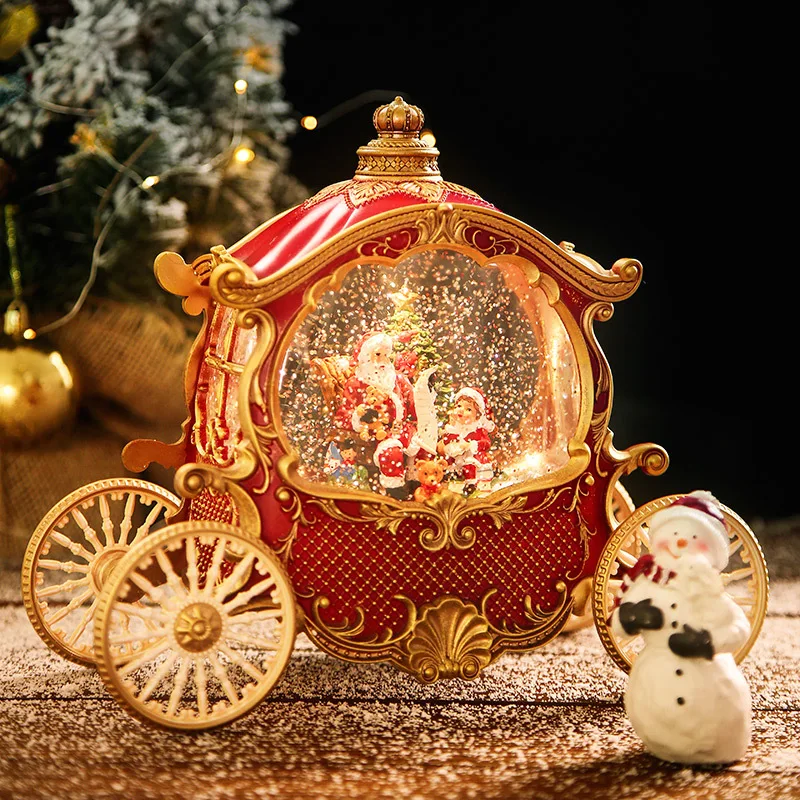Vintage Christmas Carriage Snow Globe with Santa Scene Lighted Musical Snow Globe with Music & Timer Swirling Glitter Decor Gift