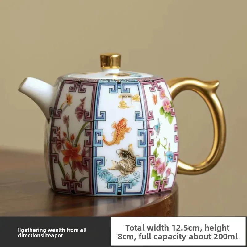 Chinese Ceramic Eight Sided Gathering Wealth Teapot Enamel Color Afternoon Teapot Kung Fu Teapot Tea Ceremony Tea Cup Gift Set