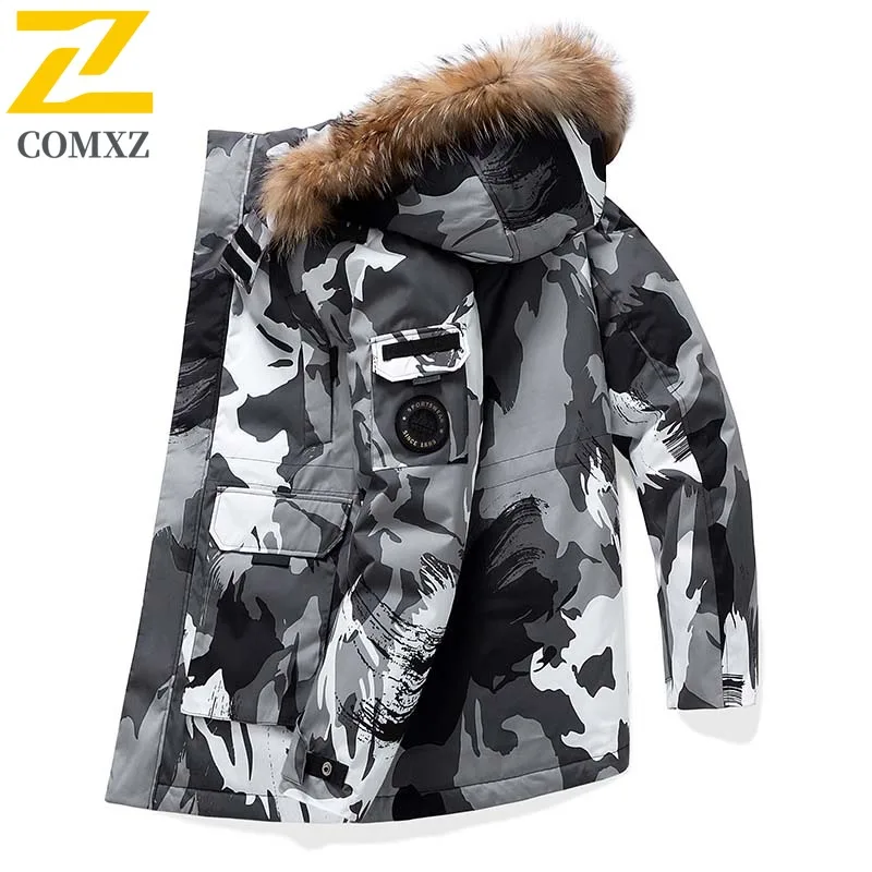 COMXZ Winter Down Jacket Men Women Ski Puffer Coat New Thick Fluffy Fur Collar White Duck Down Warm Coats Trendy Windproof Parka