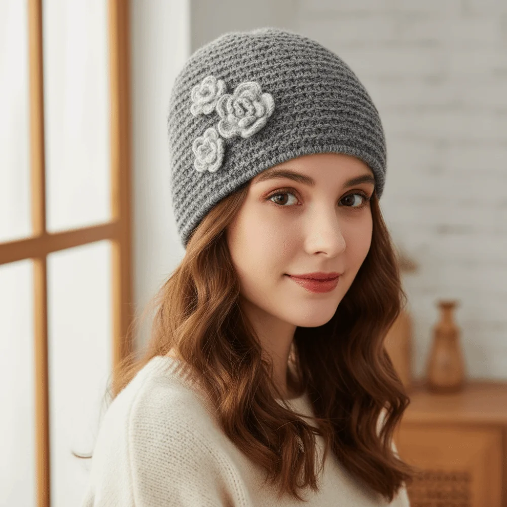 

Милая однотонная вязаная шерстяная шапка в корейском стиле, мягкая зимняя теплая шапка, эластичная универсальная женская шапка-бини с цветочным принтом