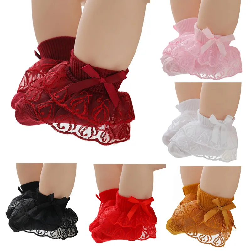 New 1 Pair Summer Breathable Thin Baby Socks Double Layers Lace Ruffle Princess Baby Girls Short Socks for 3-12M Bow Baby Socks