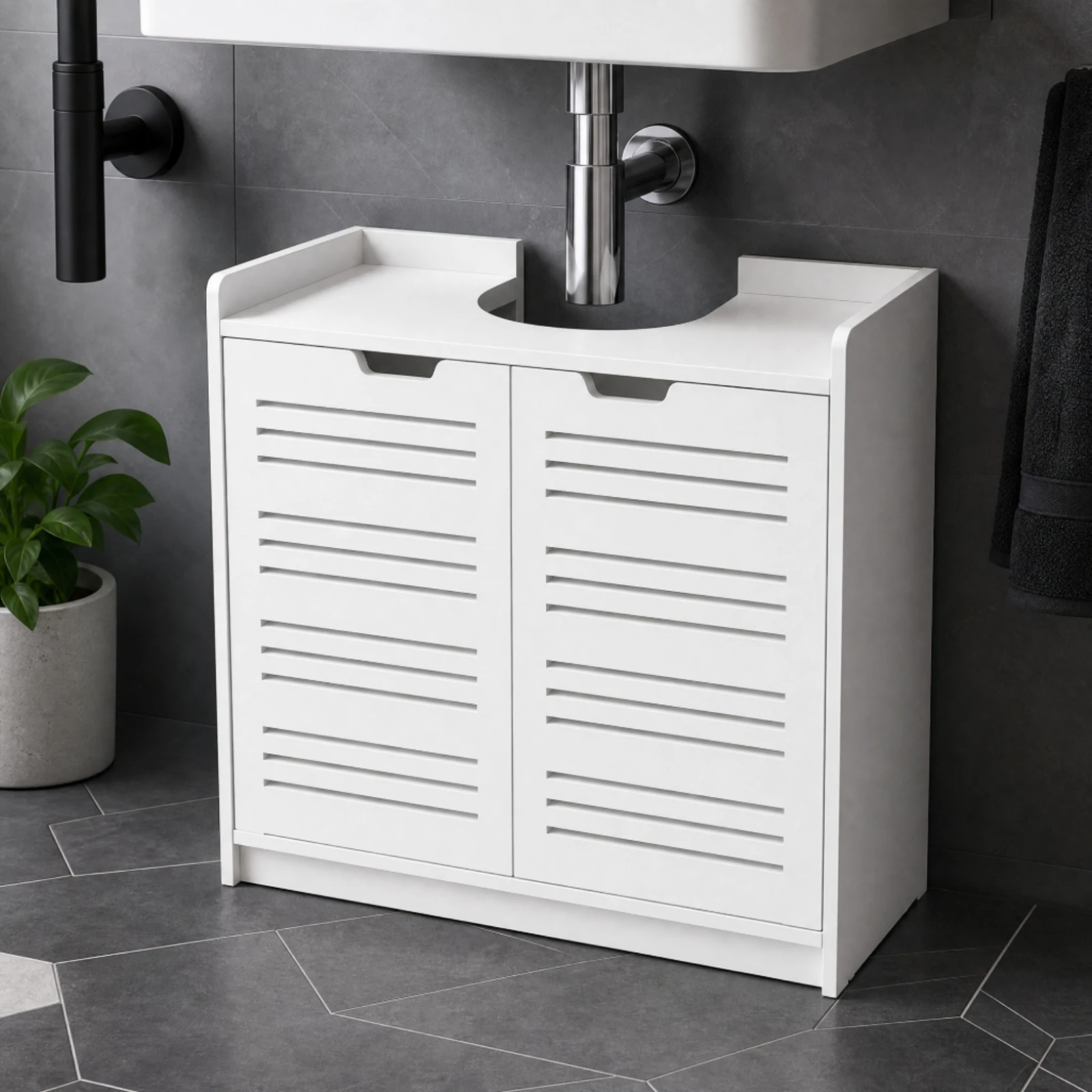 Under-Sink Organizer Space-Saving Floor-Standing Bathroom Cabinet with Slatted Doors Cupboard Easy to Clean