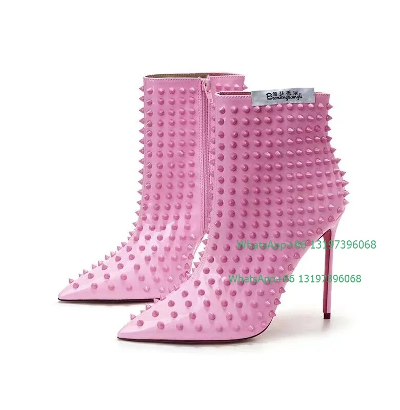 

Lady stiletto pink pointed toe stud design boots spiked design side zip boots fall color boots daily boots footwear size 46