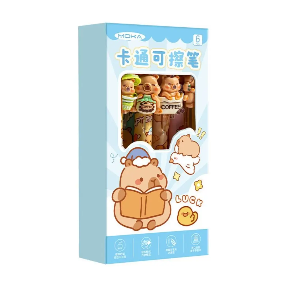 6pcs/Set Cartoon Blue Ink Erasable Pen Stationery Pen Capybara Ballpoint Pen 0.5mm ST Tip Gel Pen Student Use