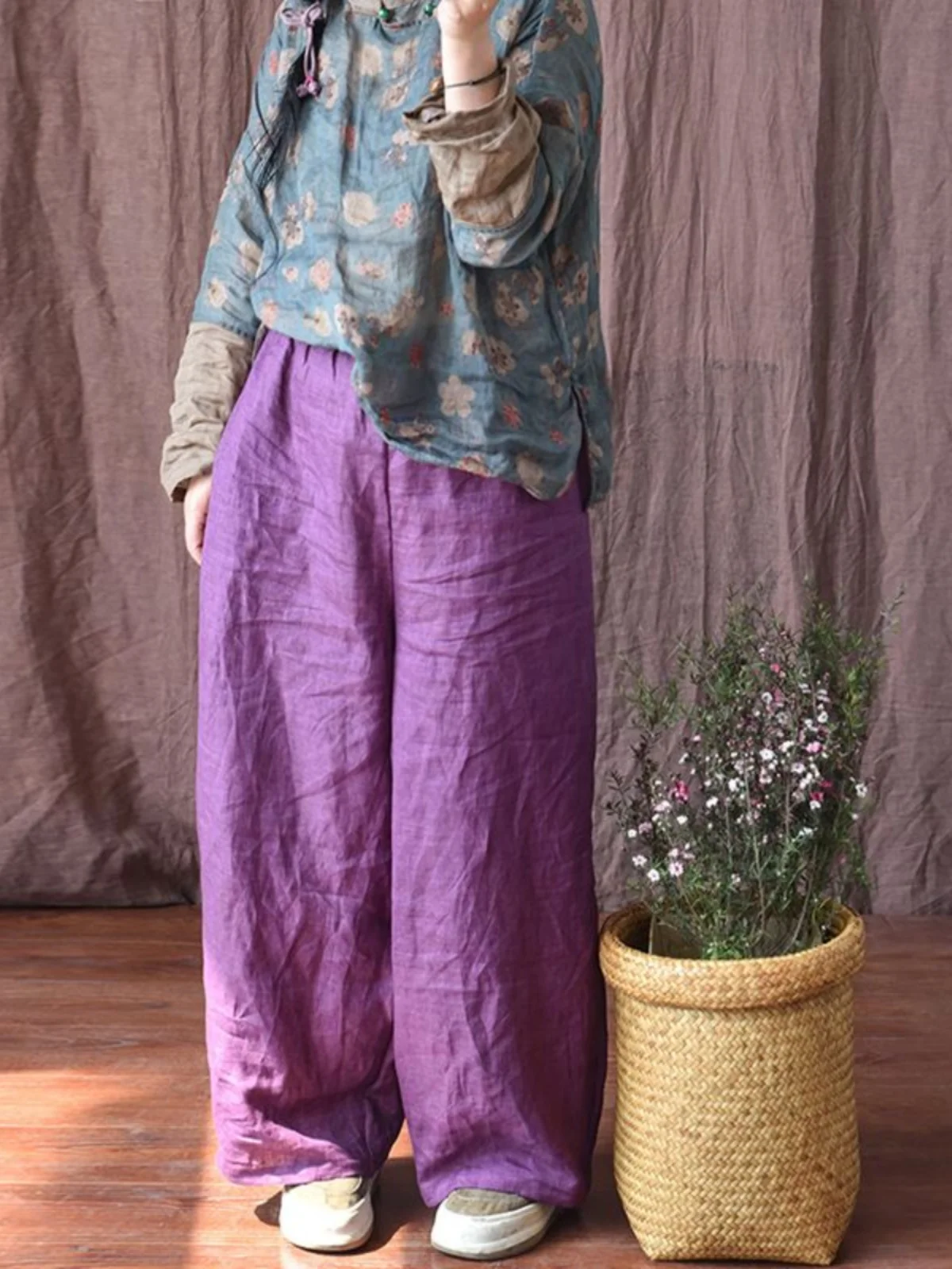 Retro Waed Denimowe Spodnie z Szerokimi Nogawkami Elastyczna Talia Luźne Casualowe Spodnie Proste w Stylu Zen Damskie Letnie Wygodne Lniane Spodnie