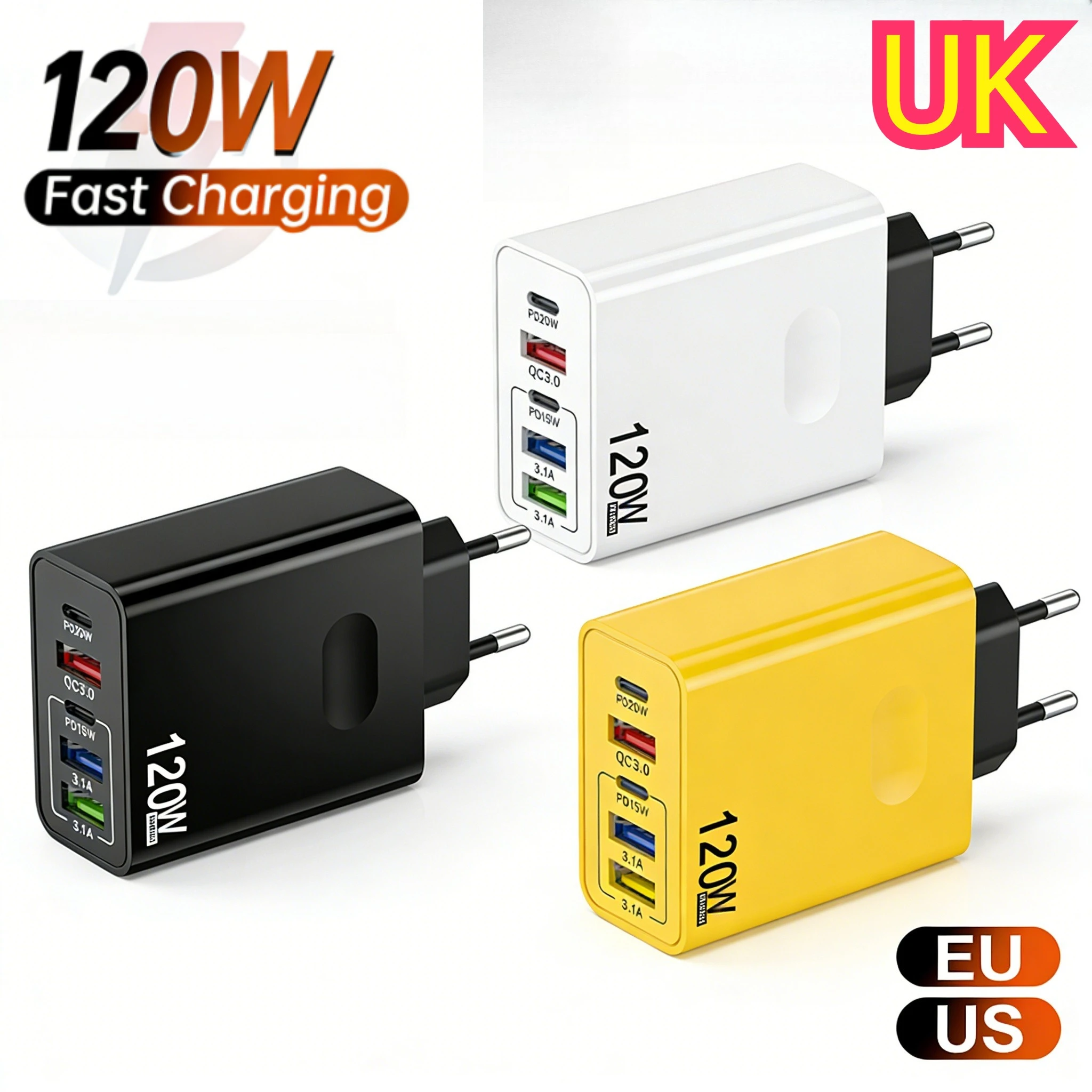 5 Port 120W Charger USB PD Fast Charger Fast Charging Wall Adapter For iPhone Samsung Xiaomi Huawei EU US UK Plug Type C Adapter