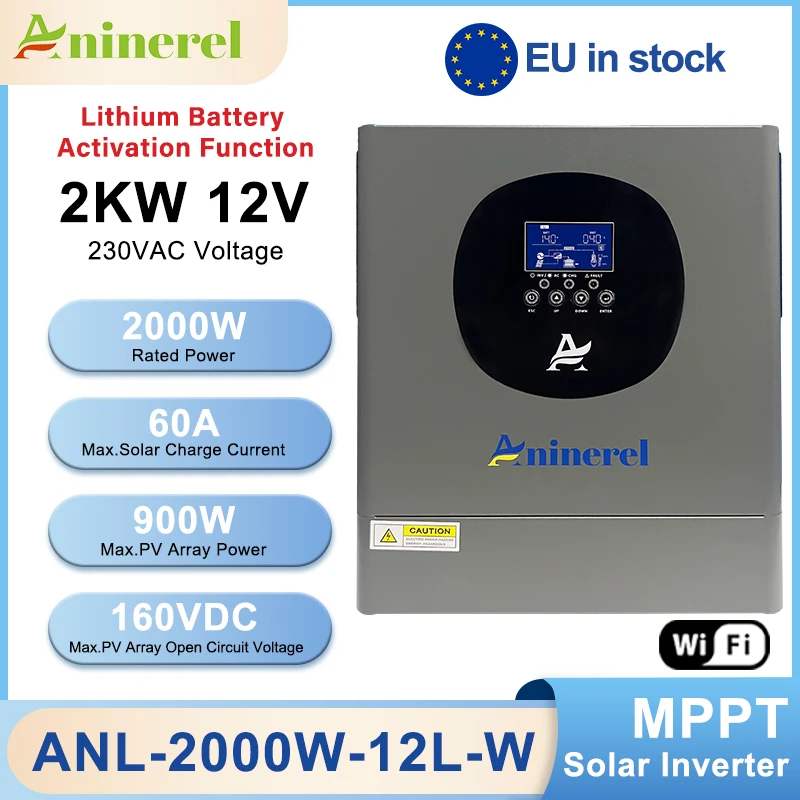 Onduleur solaire hybride Aninerel 2 kW 12 V avec écran LCD couleur et éclairage RVB Activation de batterie au lithium MPPT 60A PV500VDC