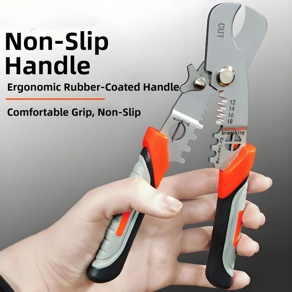 Multifunctional Cable Cutter Pliers For Electricians Wire Stripping Crimping Tool With Spring Return Orange Handle