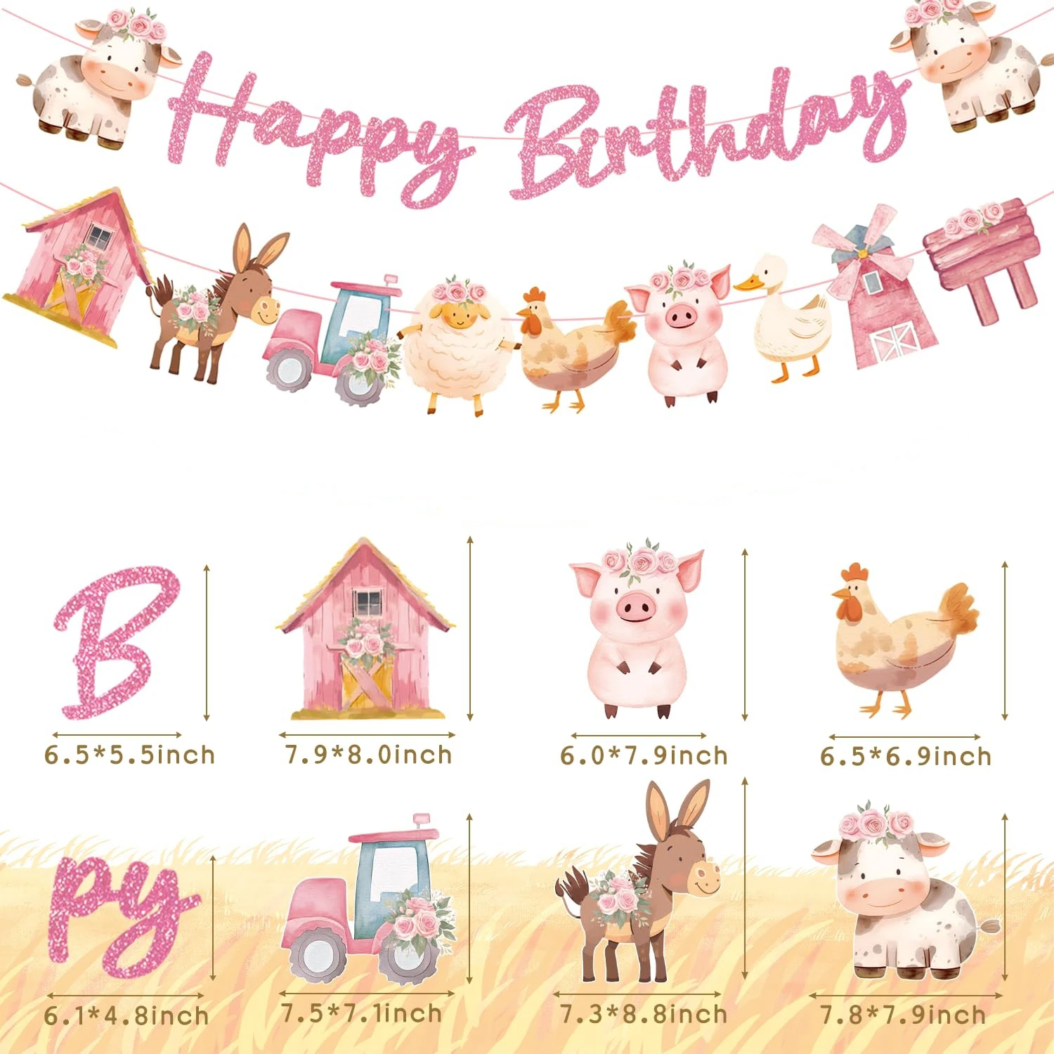 Geburtstagsbanner mit Bauernhoftieren, Hühner- und Schweine-Hängebanner für Jungen und Mädchen, Babyparty-Dekorationen ﻿ – Detail 7