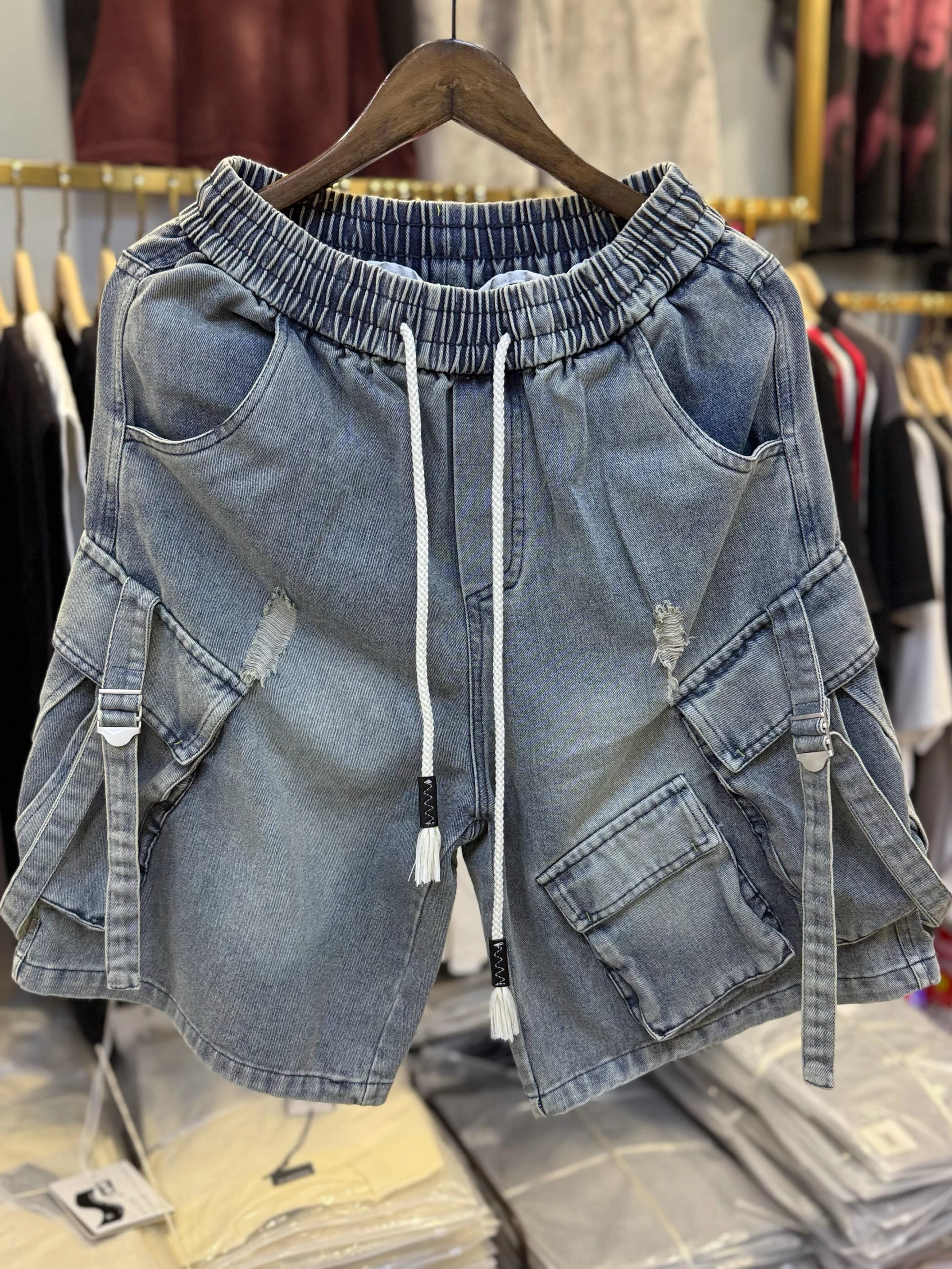 

Мужские джинсы большого размера в стиле ретро, американские, из денима, летние, свободные, брюки-капри, модные, брендовые, со средней посадкой, износостойкие