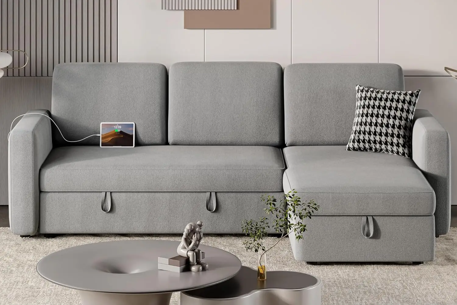 Sectional Sofa Couch Bed W/Chaise & USB, Reversible Couch Sleeper W/Pull Out Bed & Storage Space, Pull Out Couch, Sofa Bed