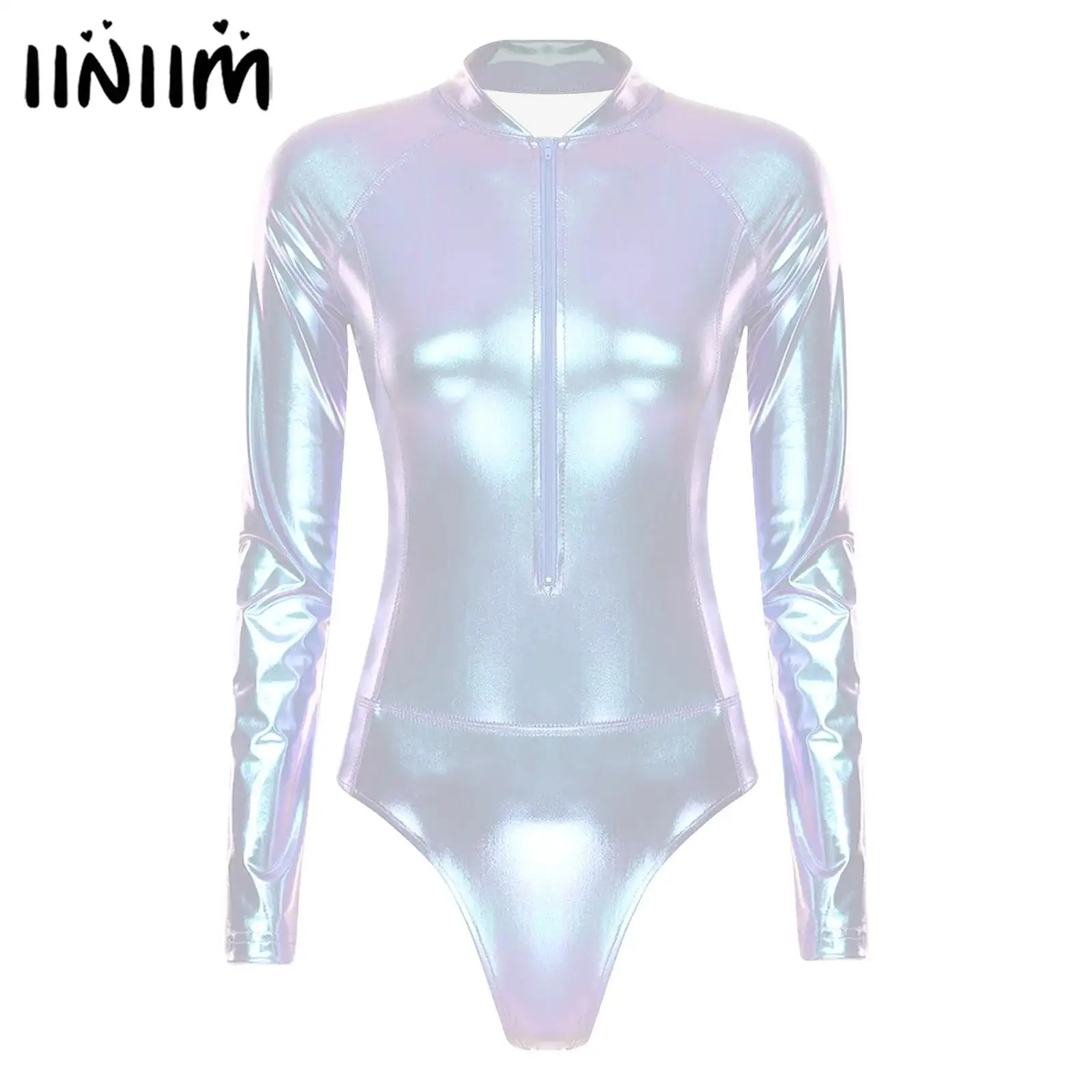 

Женский блестящий боди металлик для йоги, фитнеса, гимнастики, вечерние костюмы Raves с длинными рукавами и воротником-стойкой, шорты для мальчиков, комбинезон-трико