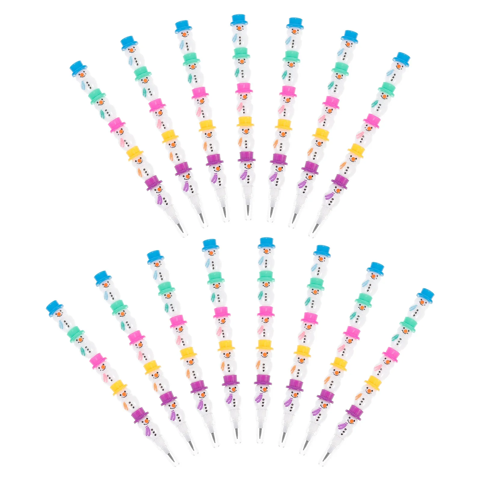15Pcs Colorful Stackable Pencils Snowman Theme Blue Green Purple Orange Dark Purple Caps Adjustable Length Comfort Grip School