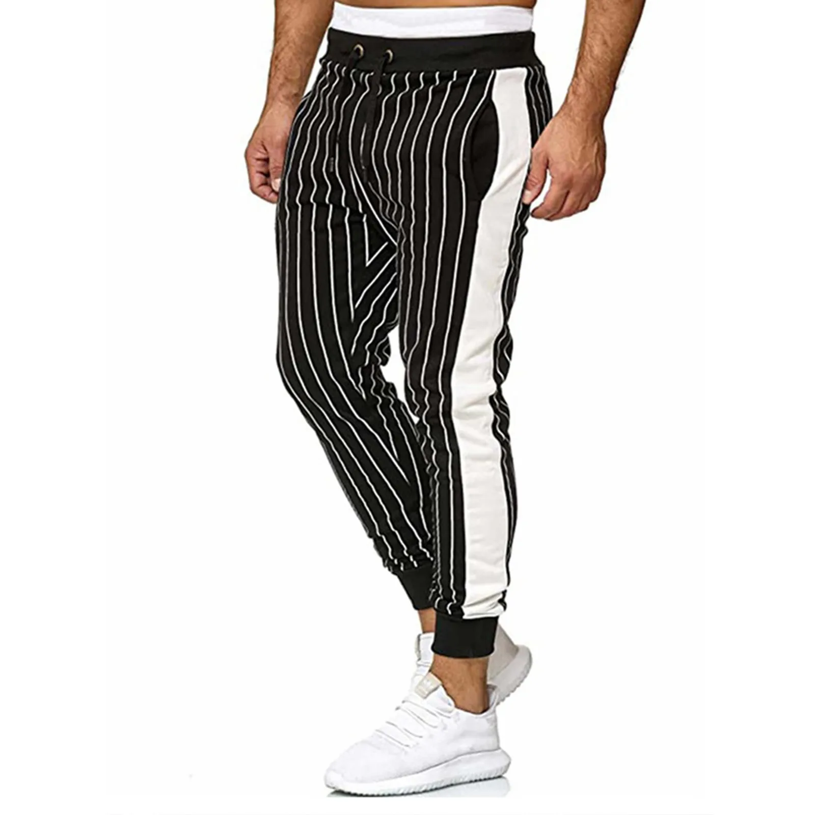 Male Casual Slim Pants Drawstring Pocket Striped Splice Cropped Pant Trousers Cook Pants Chef Uniform Restaurant Kitchen Trouser