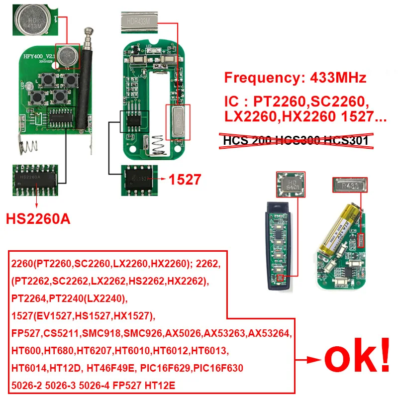 Self-copy 433MHz Remote Control Gate Transmitter Clone Fixed Learning Code Duplicator Universal Keychain Barrier PT2262 PT2264