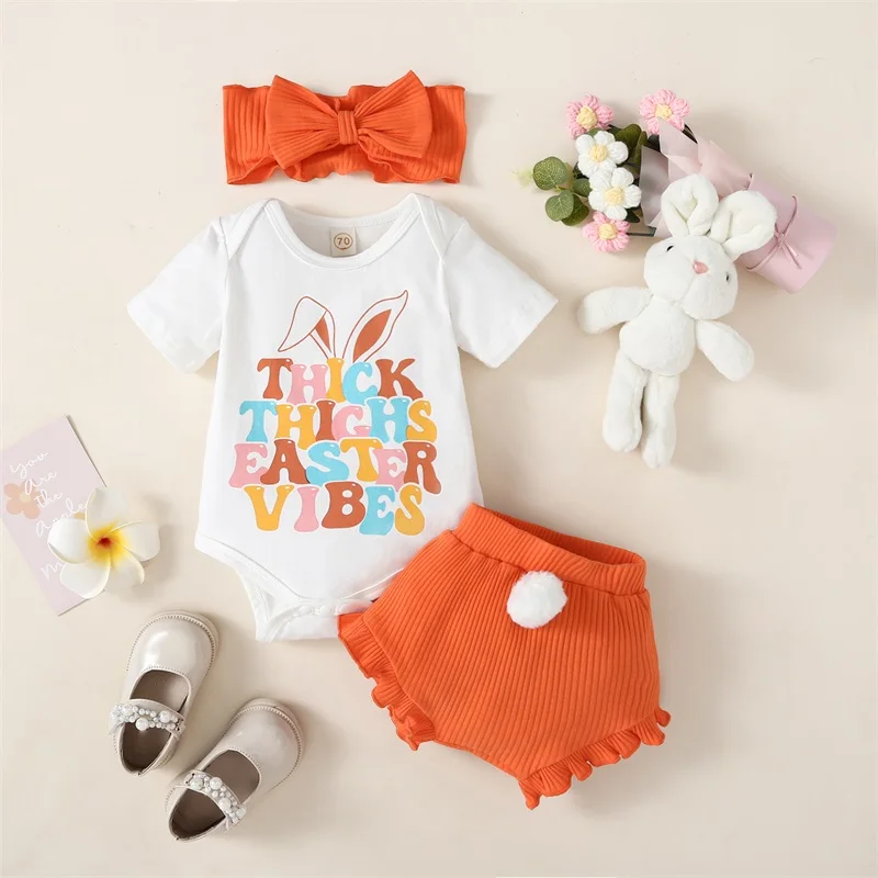 

Newborn Baby Girl Easter Outfit Infant Short Sleeve Bunny Romper Shirt Rabbit Tail Shorts Headband Set